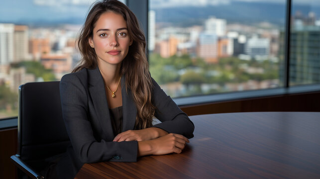 L&iacute;der empresarial espa&ntilde;ola negociando en una sala de reuniones de alto nivel, con una mesa de madera maciza y una vista impresionante de la ciudad, vestida con un traje gris oscuro y accesorios dorado
