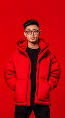 Fototapeta premium Young Asian man in a red puffer jacket against a red background. Stylish and confident.