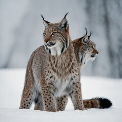 Fototapeta premium A lynx with its tail raised high, standing in alert posture against a white backdrop.
