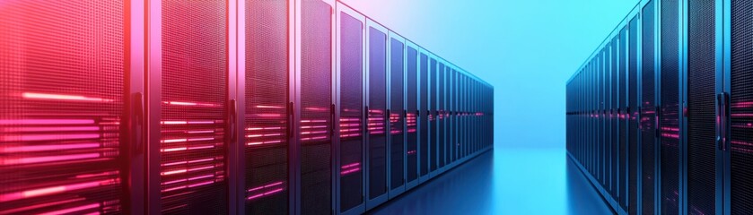 Obraz premium High-Tech Data Center with Rack Servers Illuminated by Neon Lighting for Digital Infrastructure and Technology