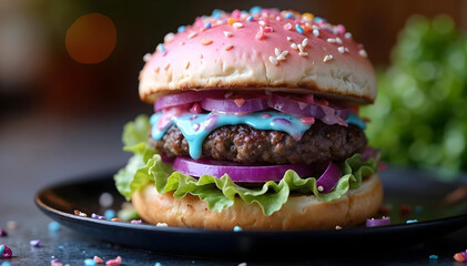 Unicorn-Themed Rainbow Burger with Pastel-Colored Buns and Galaxy Cheese, A Colorful Culinary Delight