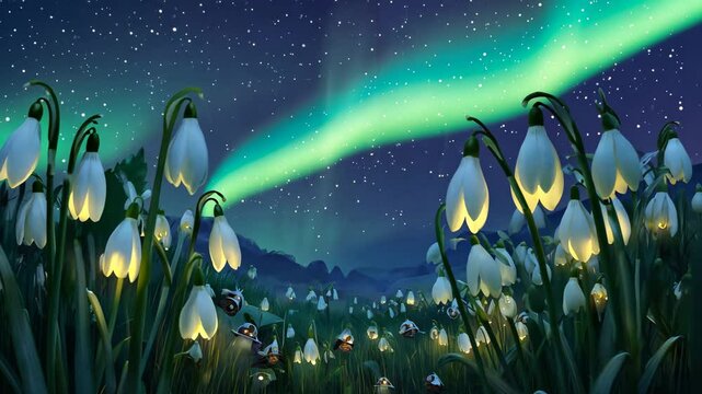 Snowdrops as part of a magical garden with giant flowers and fairy-tale creatures
