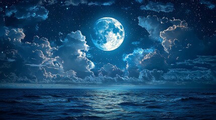 Fototapeta premium Serene Night Seascape Full Moon Starry Sky Ocean Waves