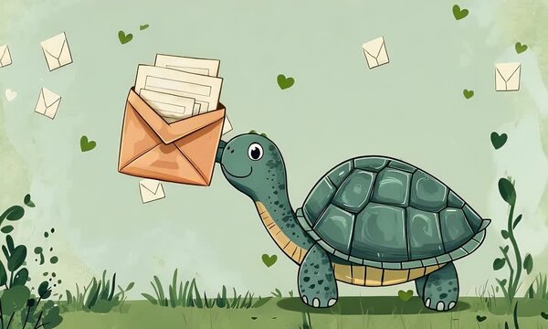Turtle delivering mail amidst hearts, nature