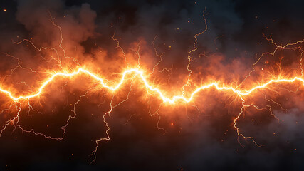 A vivid depiction of a powerful orange lightning bolt striking across a dark and cloudy sky background