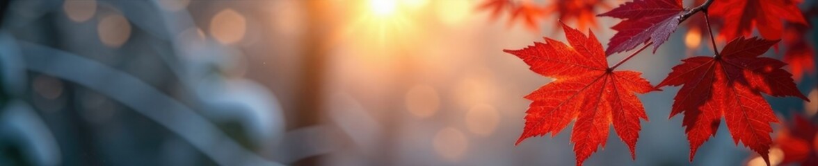 Maple leaves glistening in the morning dew against a backdrop of snowy trees and warm sunlight, peaceful, serene, morning dew