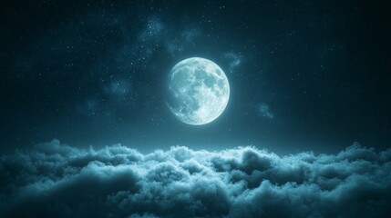 Majestic Full Moon Above a Sea of Clouds at Night Starry Sky Background