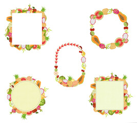   colourful frames in different shapes using  fruits like apples, kiwis, dragonfruit, strawberries, papaya, pineapple, watermelon, cherries and pears against a white background