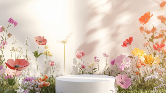 3d render White podium product stand with natural colorful flowers and grass field on spring scene background for advertising banner, cosmetic, perfumed, fragrance, spring season, summer sunlight