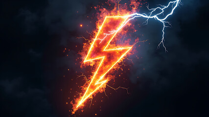 A fiery lightning bolt with orange and red flames and a white lightning strike on a dark background
