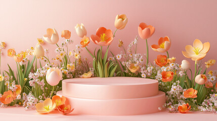 3d spring floral scene with podium display on pink pastel background