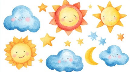 A collection of charming watercolor clouds and suns accompanied by a smiling moon, representing various weather conditions, is showcased in a delightful watercolor artwork featuring fluffy clouds and