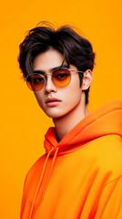 Stylish young Asian man in a vibrant orange hoodie and sunglasses against a bold yellow backdrop.  A trendy and modern portrait.
