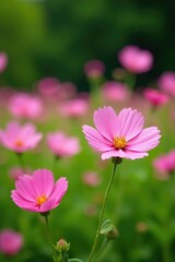 Pink mallow flowers in the background with lush greenery, flower field, floral arrangement, wildflowers