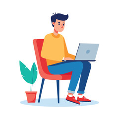 a boy is using his laptop vector