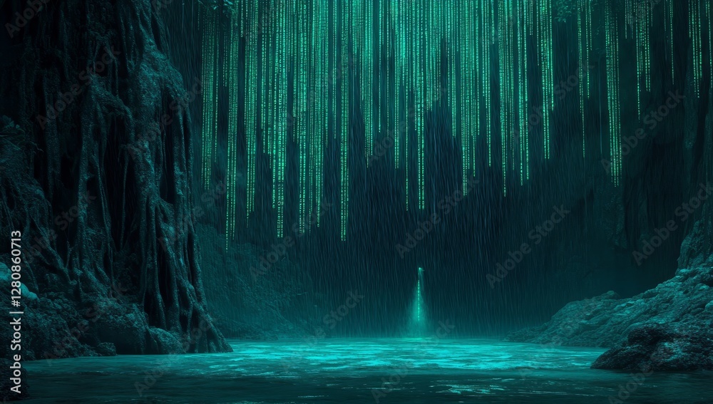 Poster the background features a green matrix with a futuristic dots pattern, complemented by a cyber textu