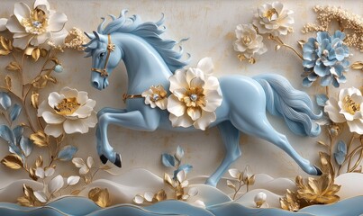 Elegant Blue and Gold Horse with Floral 3D Sculpture, Luxurious Artistic Decoration, Abstract Nature, Ornate Blossoms and Equine Beauty, Stunning Interior Design Piece for Sophisticated
