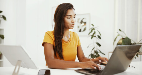 Remote work, inspiration and laptop with woman typing in home office for research, email draft or...