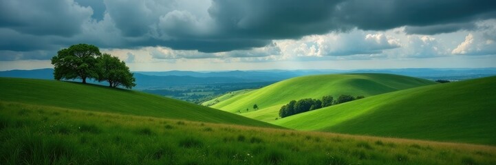 Obraz premium Rolling hills with trees against a vast plateau under a dark and cloudy sky, serene, hills, nature