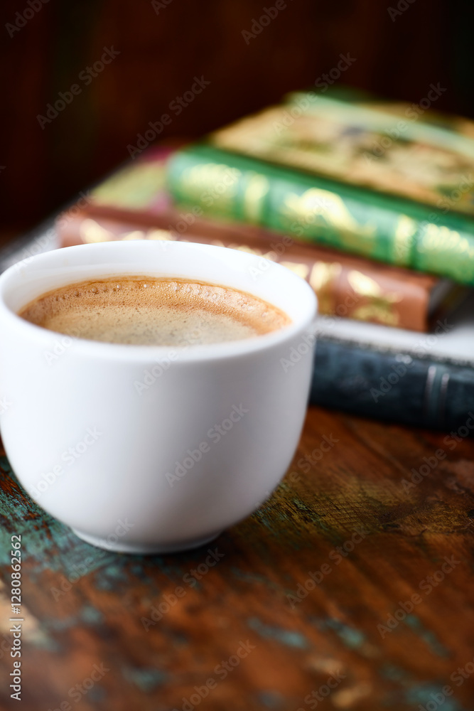 Wall mural Cup of coffee on wooden background. Soft focus. Copy space