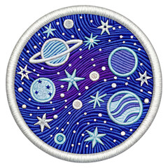 Embroidered Space Patch Featuring Planets Stars and Galaxy in Blue and Purple Isolated