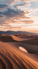 Fototapeta premium A desert scene with curving sand dunes and a reflective water body under the soft light
