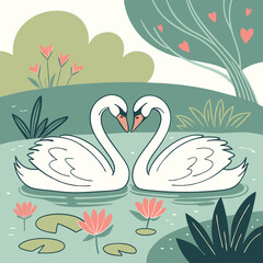 Obraz premium Romantic Swans in Love: Cute Cartoon Illustration of Two Swans Forming a Heart Shape in a Pond with Lily Pads and Heart Tree