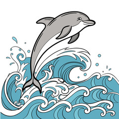 Obraz premium Cartoon Dolphin Leaping from Blue Ocean Waves: Cute Marine Animal Illustration for Kids, Aquatic Wildlife Art, Vector Graphic