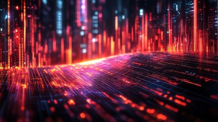 Abstract digital landscape with vibrant red and orange light trails against a dark city skyline