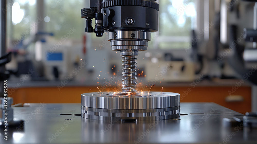 Poster A high-precision machining process is shown, featuring a cutting tool creating sparks on a metal workpiece in an industrial setting