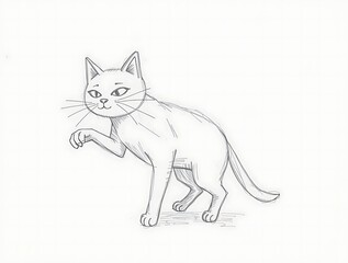 Obraz premium Cute Cat Sketch with Raised Paw on White Background Drawing
