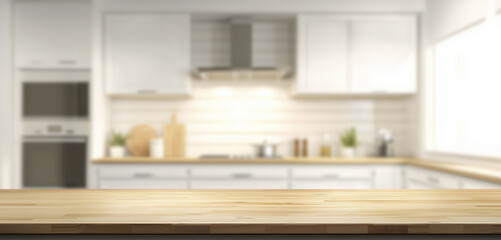bright kitchen interior with empty wooden countertop, blurred background, and modern appliances. space is well lit, featuring white cabinets and clean, minimalist design