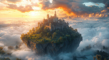 Fototapeta premium majestic floating island with medieval castle surrounded by clouds and sunset. scene evokes sense of wonder and fantasy