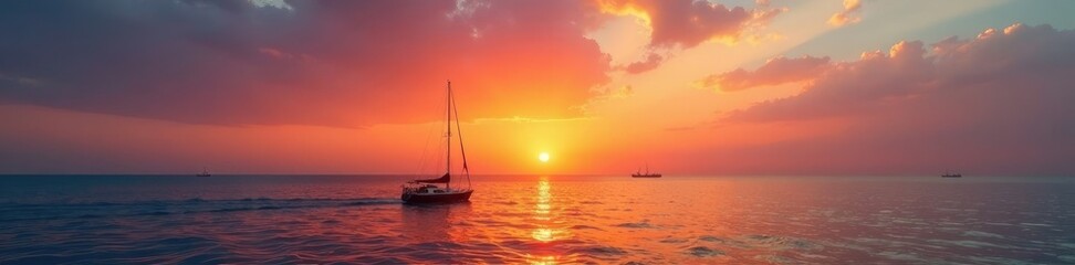 Fototapeta premium Sunset over Arabian Sea with boats in the distance, sky, sailing