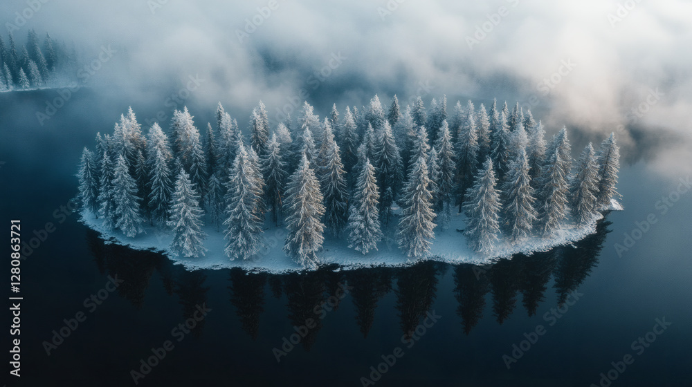 Poster a serene winter landscape featuring a circular island of snow-covered pine trees surrounded by calm,