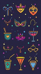 Flat Icons of Mardi Gras Party Essentials, Mardi Gras