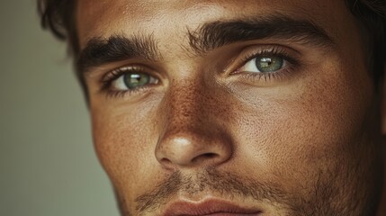 Fototapeta premium With his brown eyes averted, a man applies light makeup to his face away from the camera