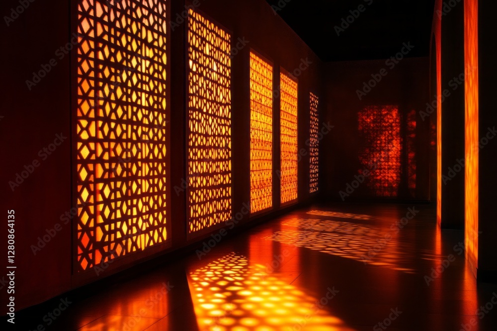 Poster striking light filters through beautifully crafted lattice panels, casting vibrant patterns on the f