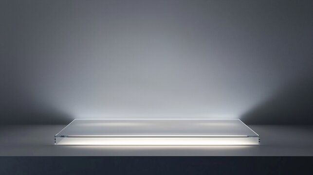 Clear glass rectangular podium with smooth edges, illuminated from below. The sleek, minimalist design casts soft shadows on a light gray surface, perfect for modern product display