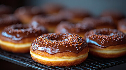 Delicious chocolate-glazed donuts with sprinkles, freshly baked and arranged on a cooling rack, tempting everyone with their enticing appearance