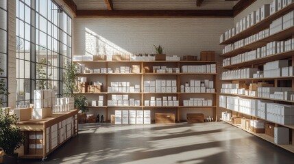 Obraz premium A modern, well-lit storage room featuring wooden shelves filled with neatly arranged boxes and plants, creating a clean, organized workspace.