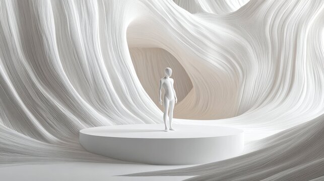 Abstract White Architecture with Human Figure on Platform in Smooth Wave Environment