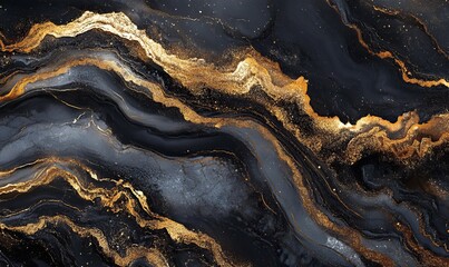 Fototapeta premium Luxurious Black and Gold Marble Texture with Abstract Liquid Ink Patterns for Elegant Artistic Background Design