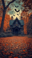Creepy Abandoned Haunted House in Autumn Forest with Flying Bats, Spooky Atmosphere and Fall Foliage for Halloween Concept