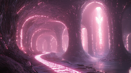 Obraz premium surreal landscape featuring glowing pink arches and winding path, creating mystical atmosphere