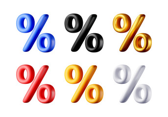 3D set of realistic percent sign isolated. Render money finance or business concept. Percentage, sale, discount, promotion shopping symbol. Offer, price tag, coupon, bonus. Vector illustration