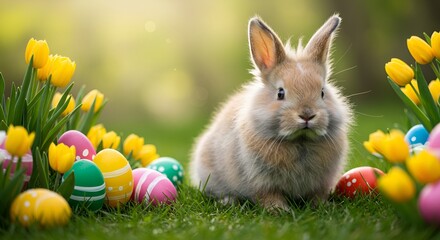 Fototapeta premium A cute fluffy Easter bunny sitting on a grassy field surrounded by colorful painted eggs and spring flowers under soft morning sunlight