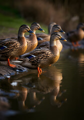 Mallard ducks standing by a calm reflective pond with natural wetland surroundings