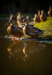 Fototapeta premium Mallard ducks standing by a calm reflective pond with natural wetland surroundings