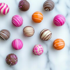 Obraz premium Assorted Chocolate Truffles with Pink Brown and Orange Stripes on White Marble Surface